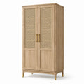Armadio a 2 ante in legno e rattan, 90 × 45 × 180 cm, beige naturale e oro