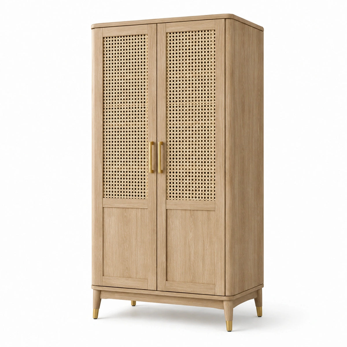 Armadio a 2 ante in legno e rattan, 90 × 45 × 180 cm, beige naturale e oro