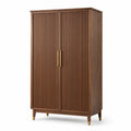 Armadio moderno a 2 ante scanalate, marrone effetto legno con dettagli dorati, 100 × 50 × 180 cm