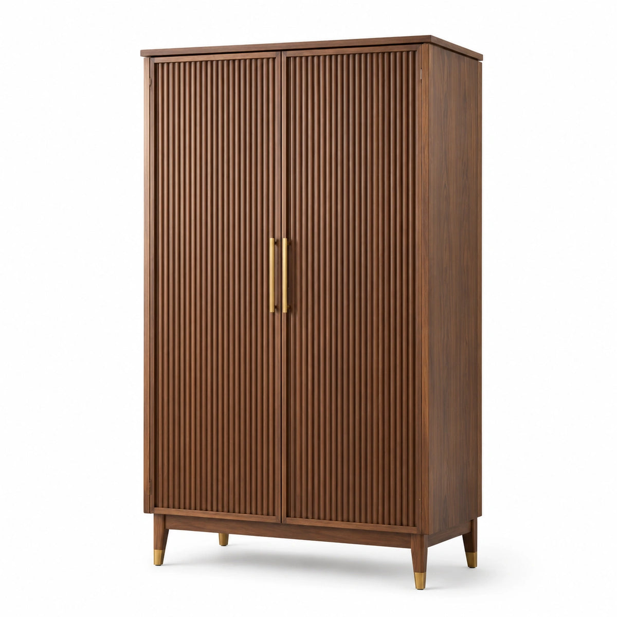 Armadio moderno a 2 ante scanalate, marrone effetto legno con dettagli dorati, 100 × 50 × 180 cm