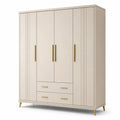 Armadio moderno a 4 ante e 2 cassetti, 180 × 55 × 200 cm, beige e oro