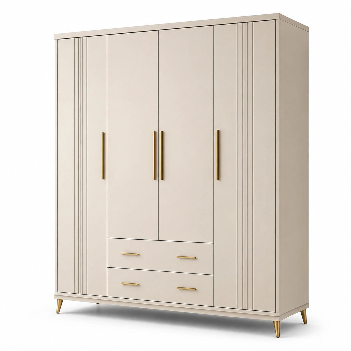 Armadio moderno a 4 ante e 2 cassetti, 180 × 55 × 200 cm, beige e oro