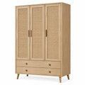 Armadio guardaroba con 3 ante e 2 cassetti, rovere naturale e fibra intrecciata beige, 120 × 55 × 180 cm