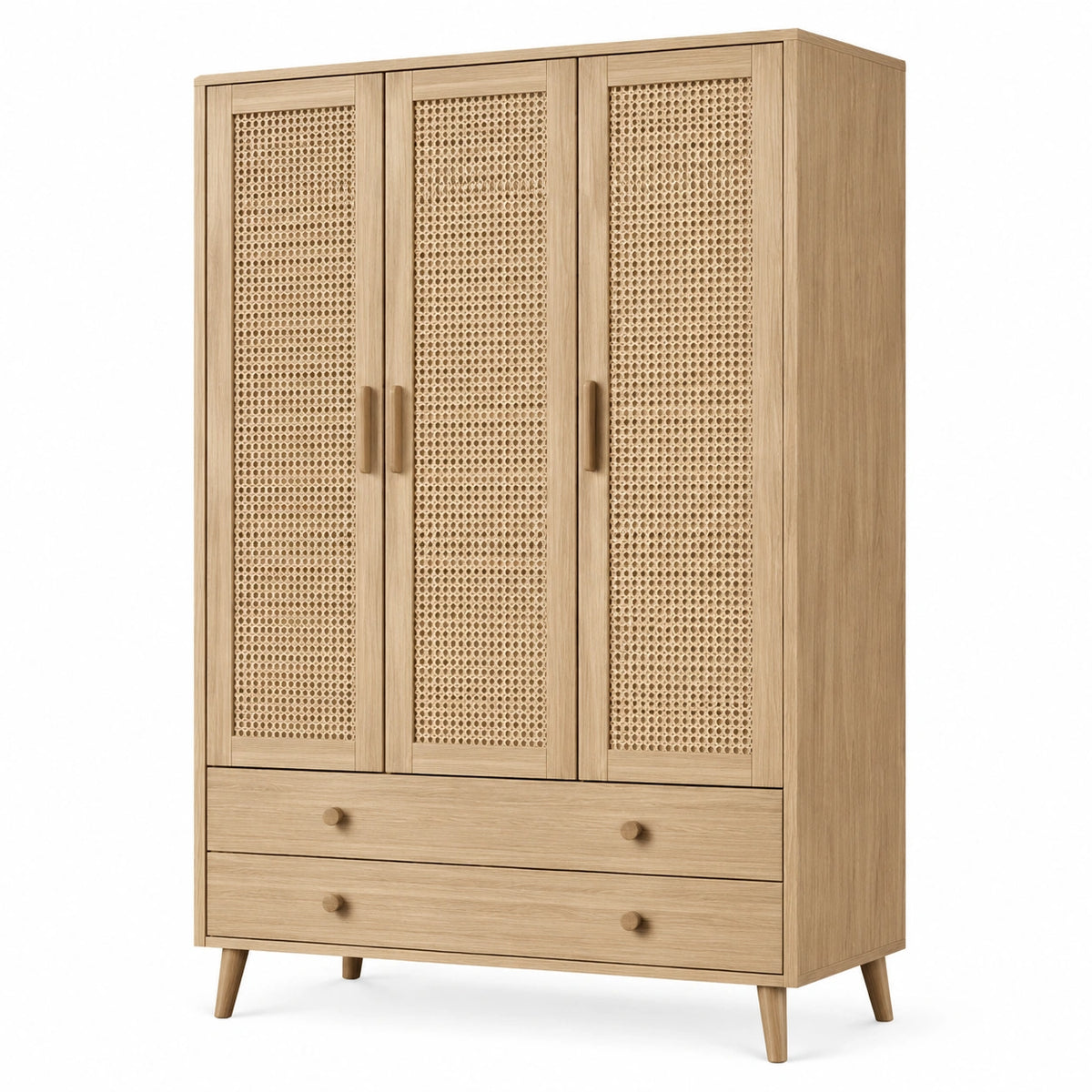 Armadio guardaroba con 3 ante e 2 cassetti, rovere naturale e fibra intrecciata beige, 120 × 55 × 180 cm
