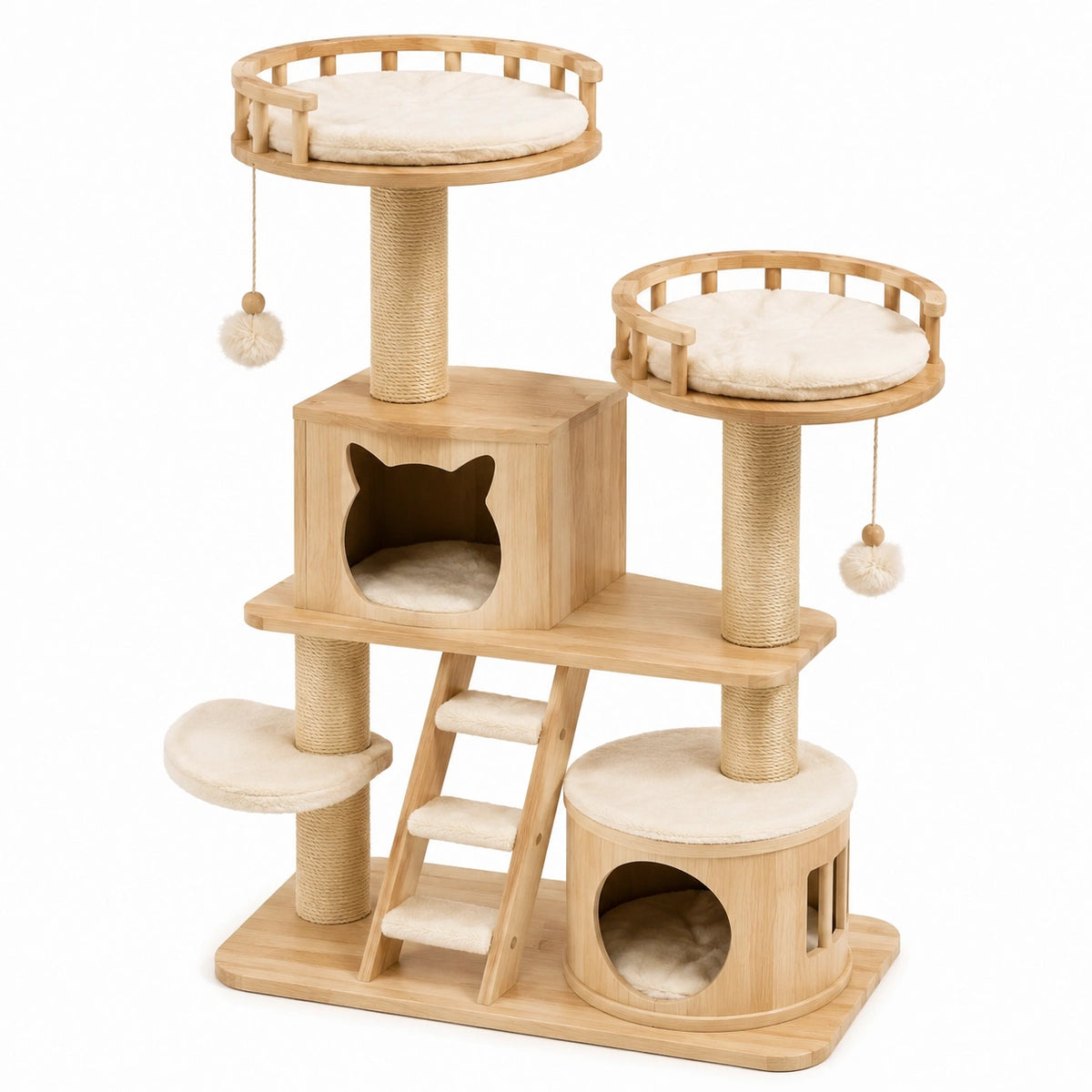 Albero tiragraffi multilivello 100 × 60 × 150 cm in legno naturale e sisal con 2 cucce e piattaforme beige crema