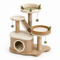 Albero tiragraffi multilivello 100 × 60 × 130 cm in legno, sisal e peluche beige, verde e marrone chiaro con cuccia e piattaforme