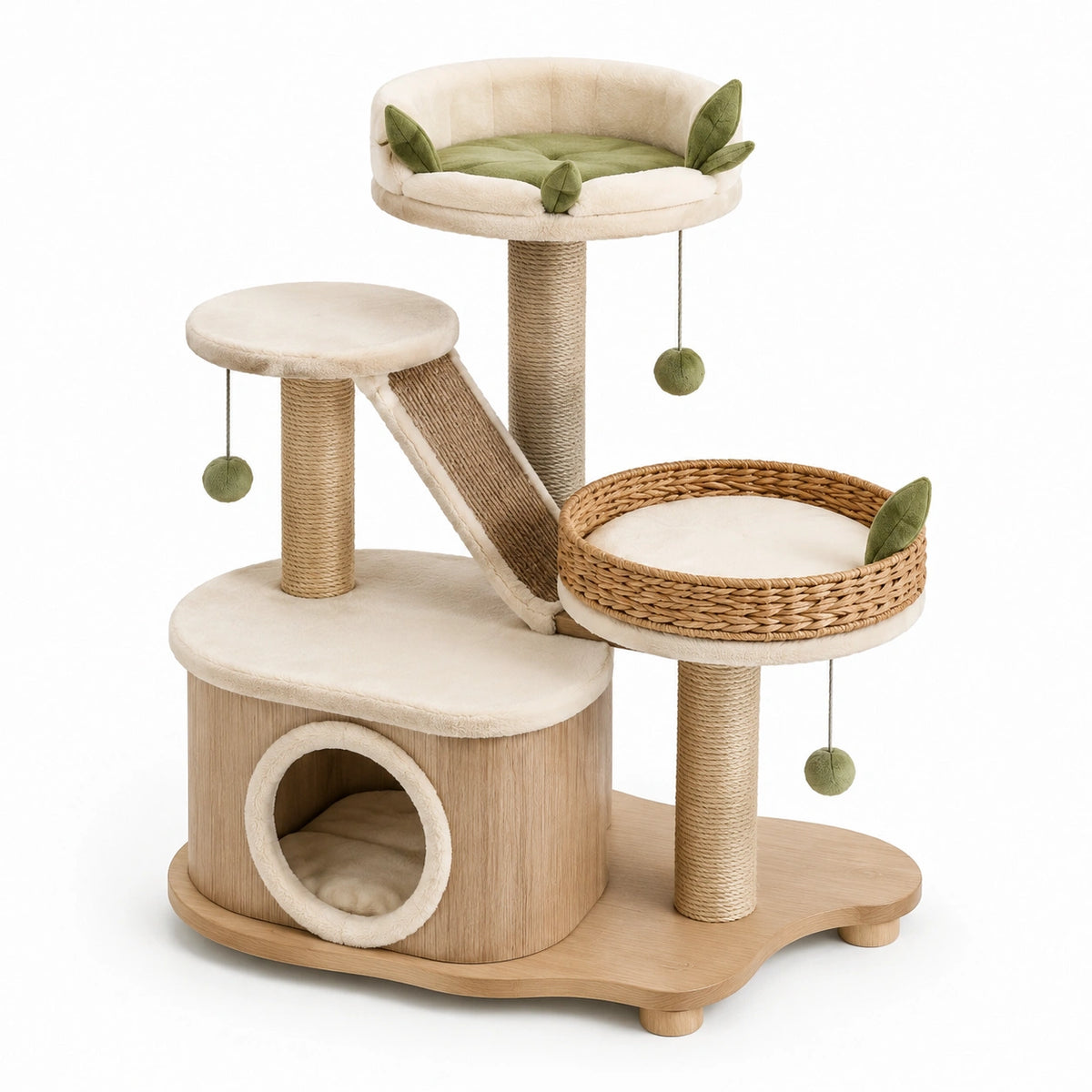 Albero tiragraffi multilivello 100 × 60 × 130 cm in legno, sisal e peluche beige, verde e marrone chiaro con cuccia e piattaforme
