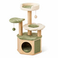 Albero tiragraffi multilivello in legno, sisal e tessuto beige e verde, 60 × 55 × 130 cm, con cuccia e piattaforme