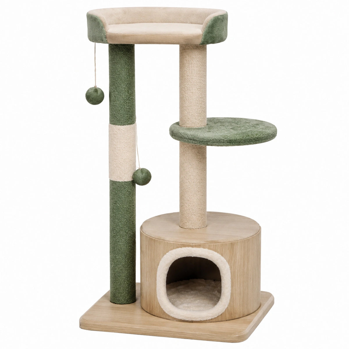 Tiragraffi per gatti con cuccia, piattaforme e lettino, 60 × 50 × 120 cm, verde, beige e legno naturale