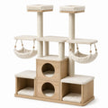 Torre multilivello per gatti 144 × 50 × 170 cm in legno e sisal, beige e legno naturale, con 4 cucce, 2 amache e piattaforme imbottite