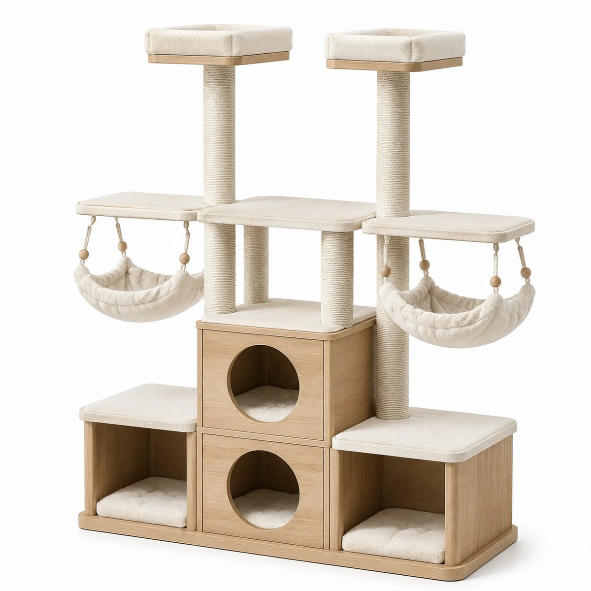 Torre multilivello per gatti 144 × 50 × 170 cm in legno e sisal, beige e legno naturale, con 4 cucce, 2 amache e piattaforme imbottite