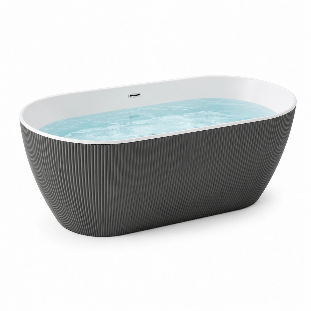 Vasca da bagno ovale freestanding in acrilico nero e bianco, 170 × 80 × 58 cm, con troppopieno