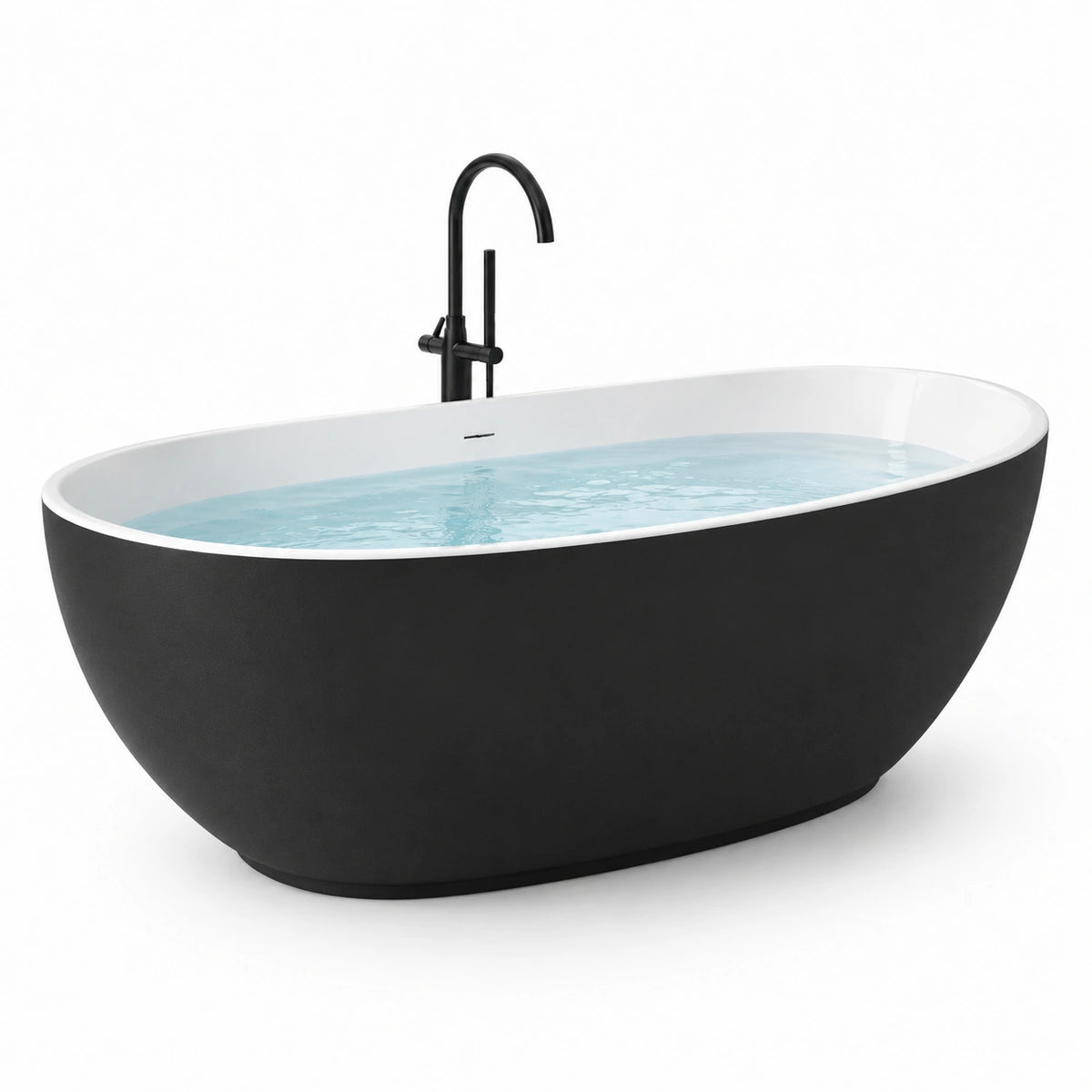 Vasca ovale freestanding in acrilico sanitario, nero opaco e bianco, 170 × 80 × 58 cm