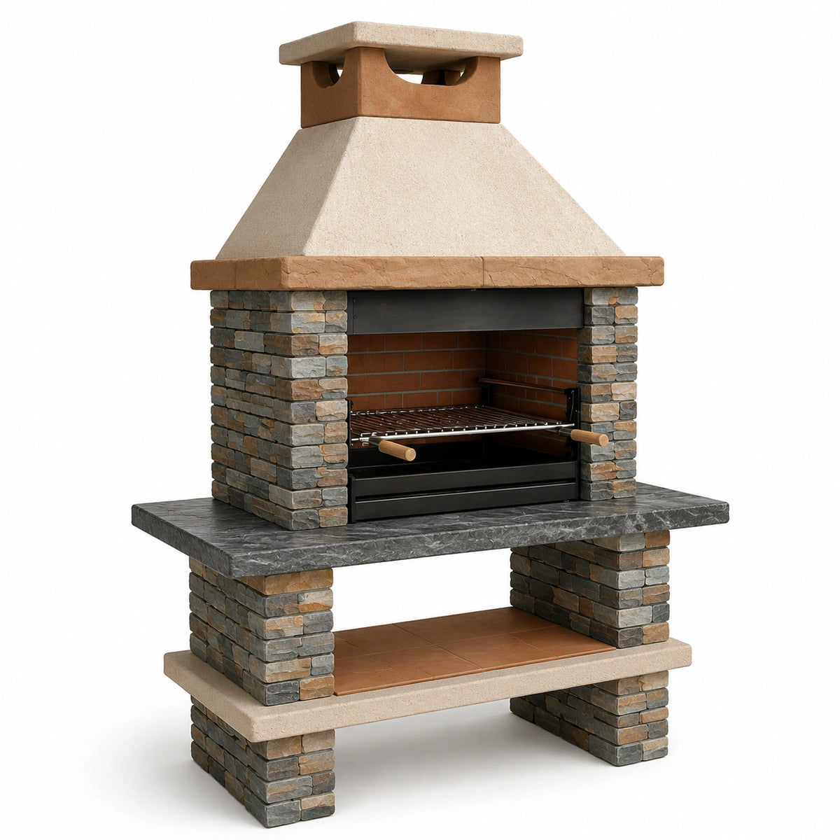 Barbecue da giardino in muratura con cappa e camino, 140 × 80 × 220 cm, grigio, beige, marrone e nero