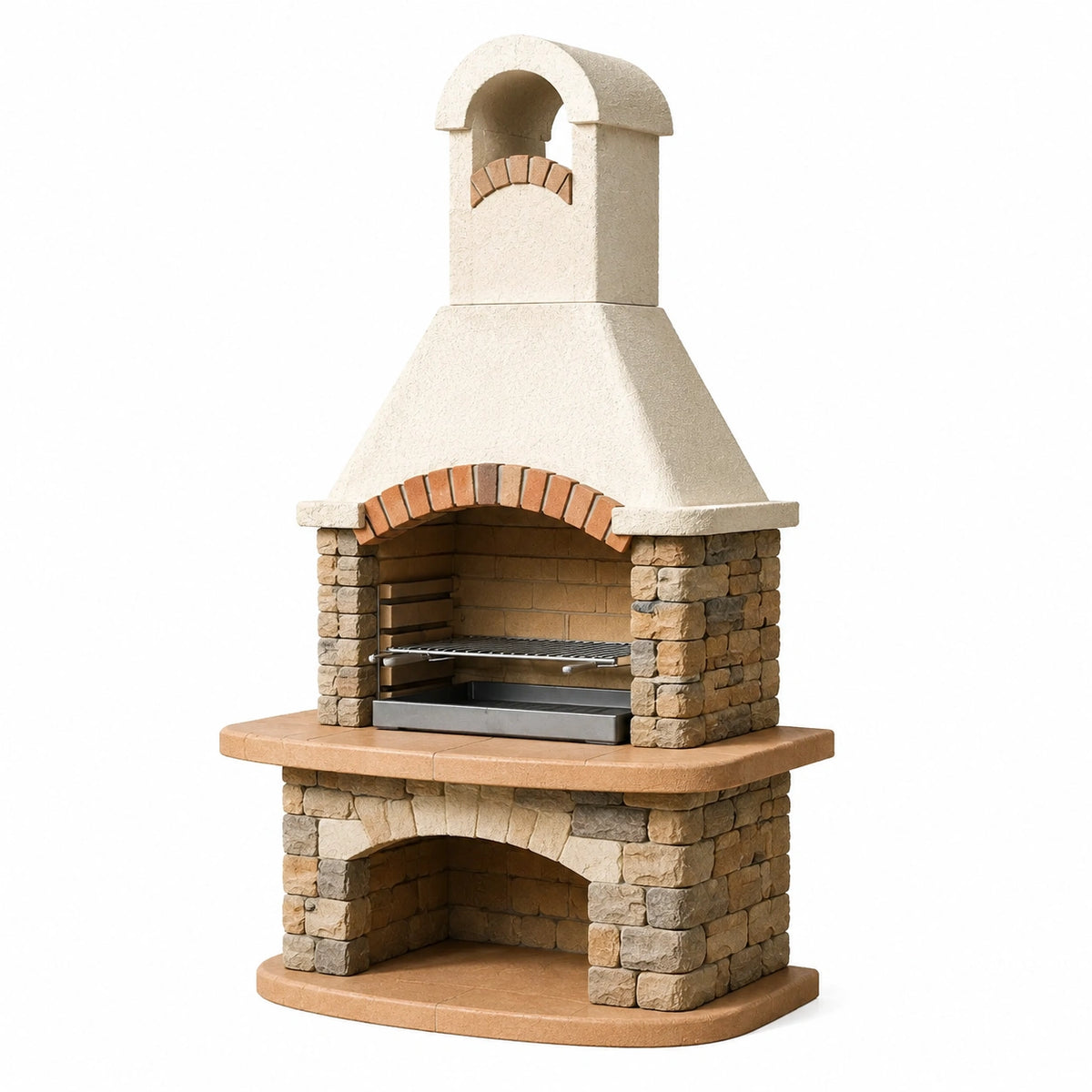 Barbecue da giardino in muratura con griglia regolabile, 110 × 65 × 230 cm, beige, terracotta e grigio