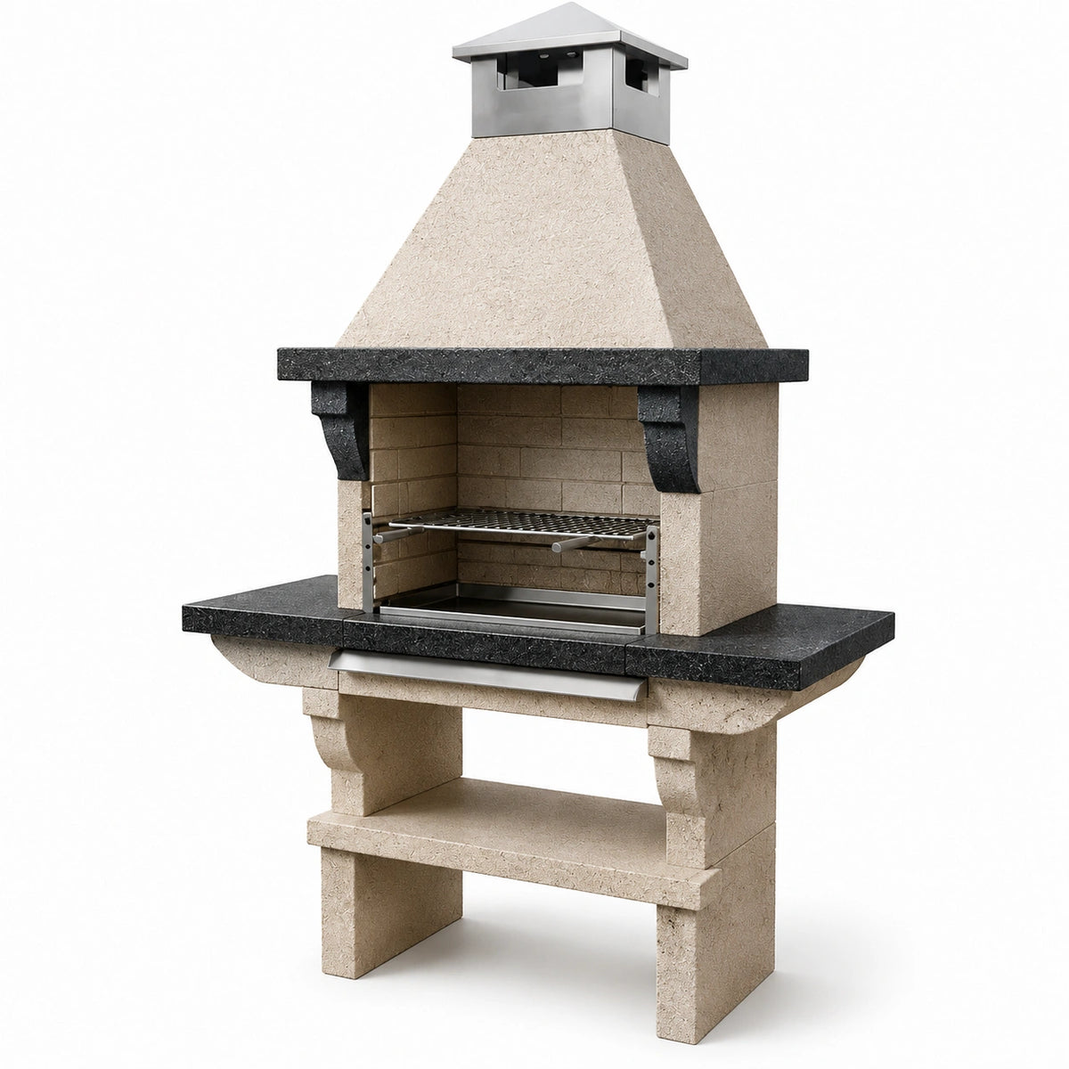 Barbecue da giardino in cemento beige, nero e argentato, 110 × 65 × 215 cm, con cappa e griglia regolabile