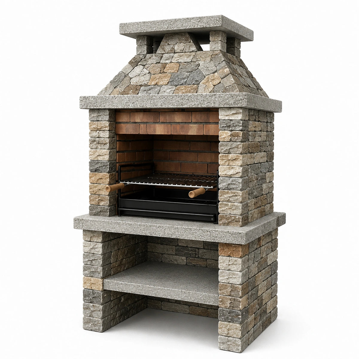 Barbecue da giardino in pietra ricostruita 110 × 70 × 210 cm, grigio, beige, marrone e nero, con griglia regolabile e camino