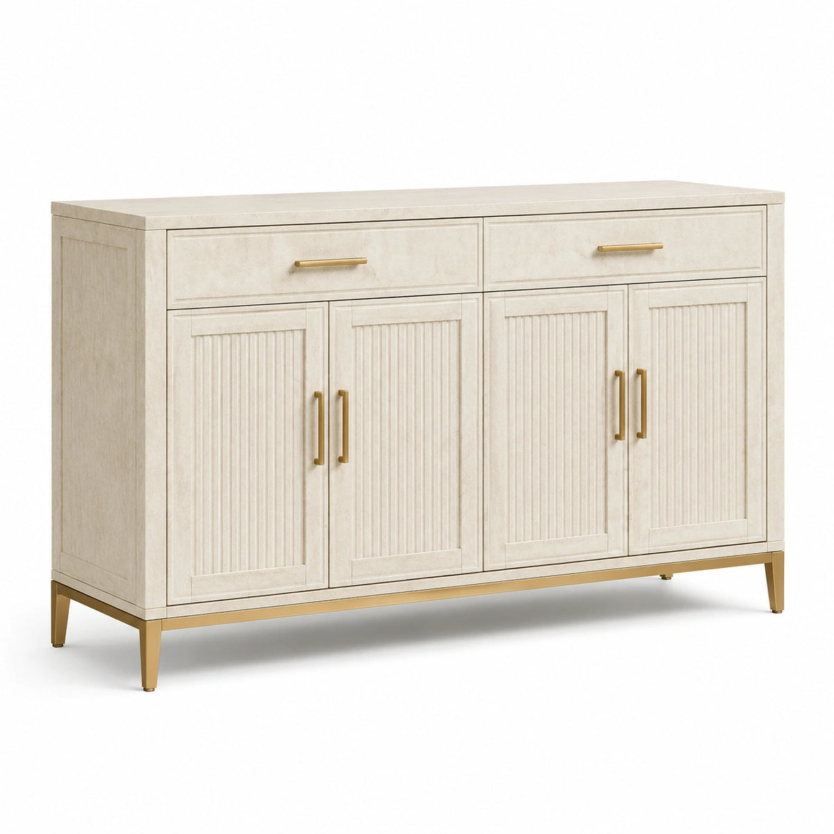 Credenza avorio e oro in legno ingegnerizzato, 160 × 40 × 90 cm, 4 ante, 2 cassetti e 2 ripiani