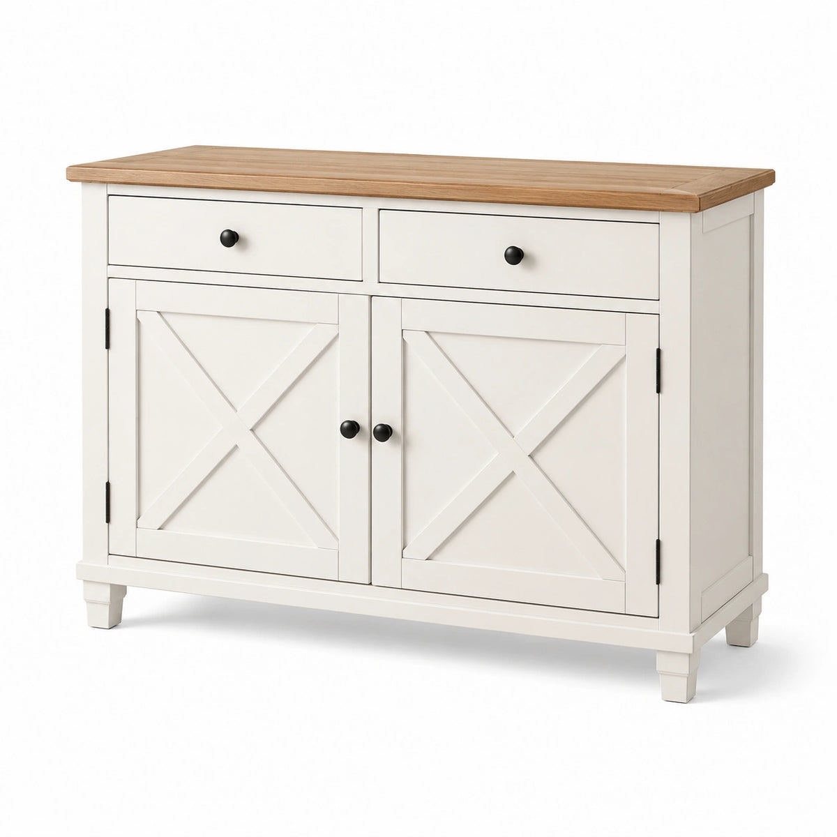 Credenza rustica in legno con 2 ante e 2 cassetti, 120 × 40 × 90 cm, bianco caldo e marrone naturale