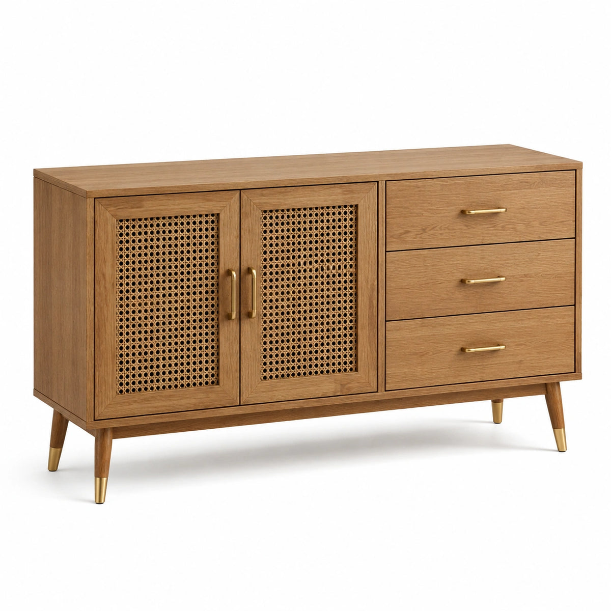 Credenza marrone effetto legno e rattan, 140 × 40 × 80 cm, con 2 ante e 3 cassetti, stile rétro