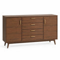 Credenza moderna effetto noce marrone e oro, 150 × 40 × 85 cm, con 4 cassetti, 2 ante e 2 ripiani