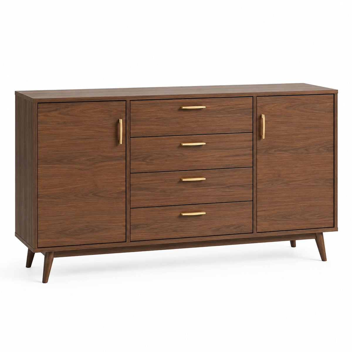 Credenza moderna effetto noce marrone e oro, 150 × 40 × 85 cm, con 4 cassetti, 2 ante e 2 ripiani