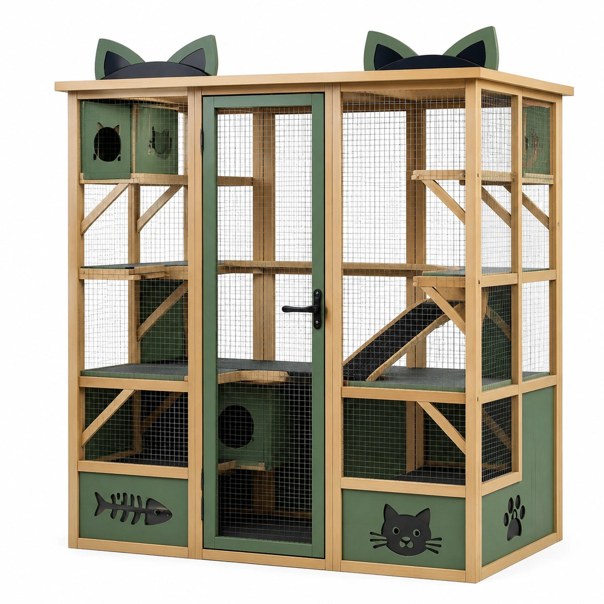 Recinto multilivello per gatti da esterno 180 × 100 × 200 cm in legno naturale, verde e nero