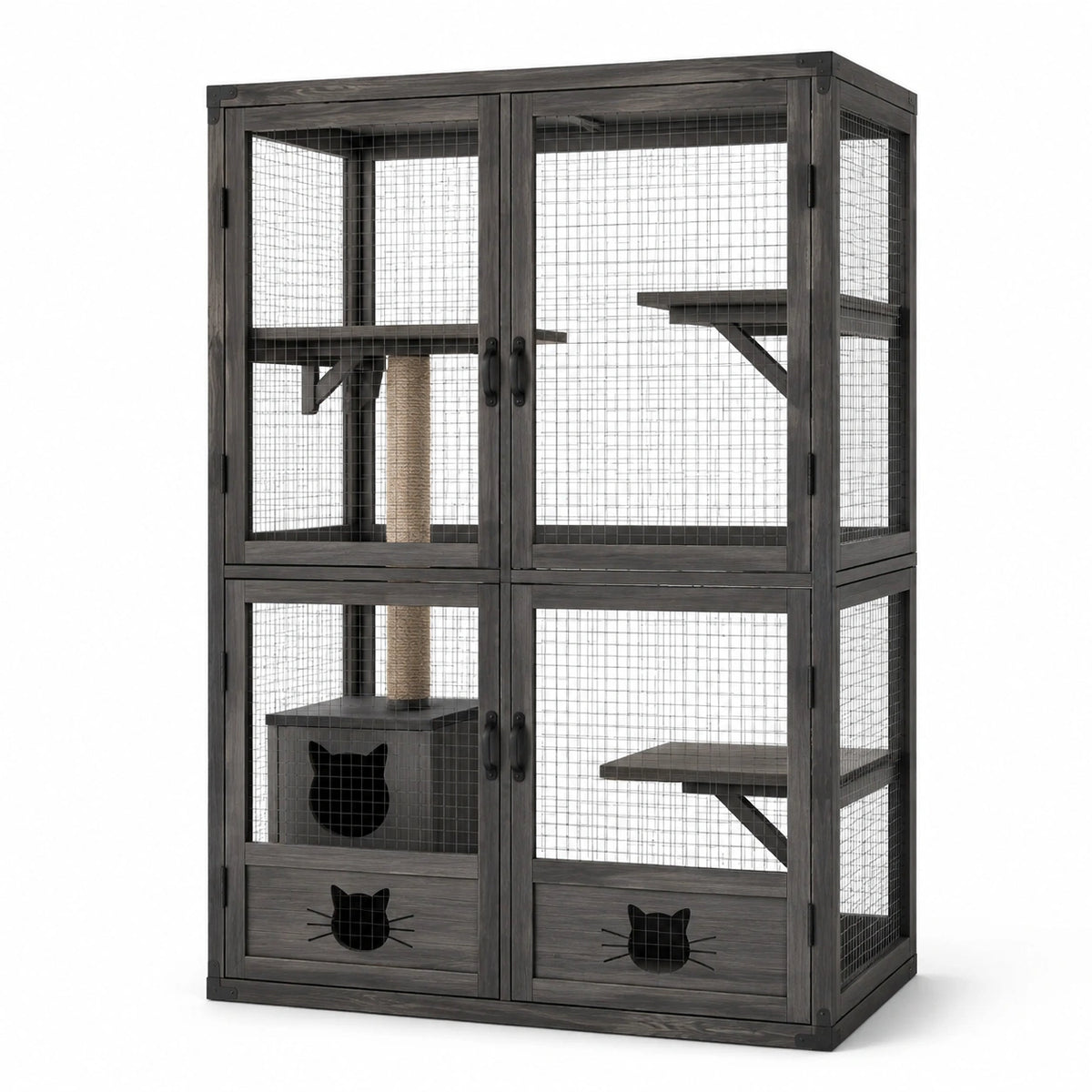 Gabbia da interno per gatti in legno e rete metallica con ripiani, rifugio e tiragraffi, grigio scuro, nero e beige, 120 × 60 × 180 cm