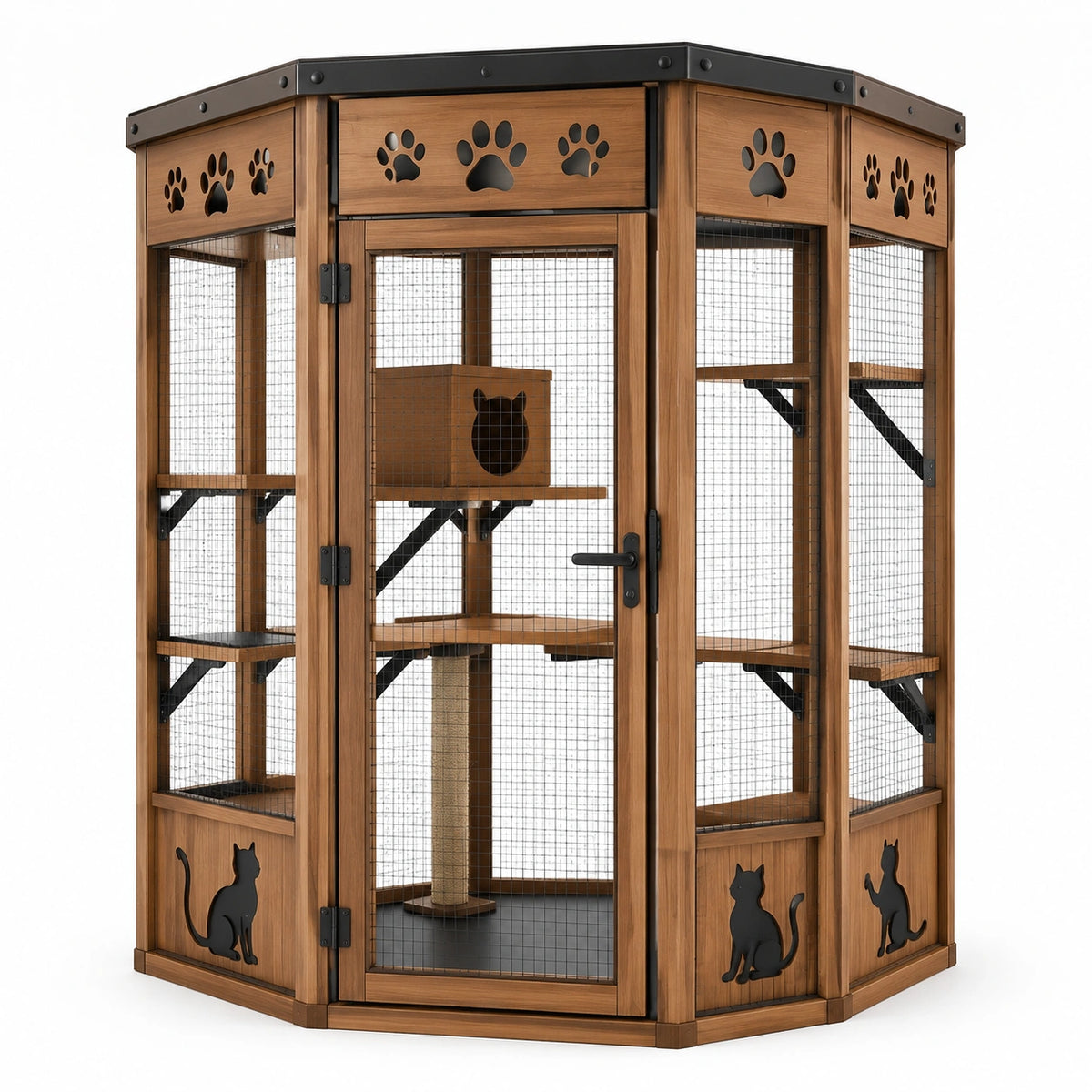 Recinto multilivello per gatti in legno marrone con rete nera, casetta, ripiani e tiragraffi beige, 120 × 120 × 180 cm
