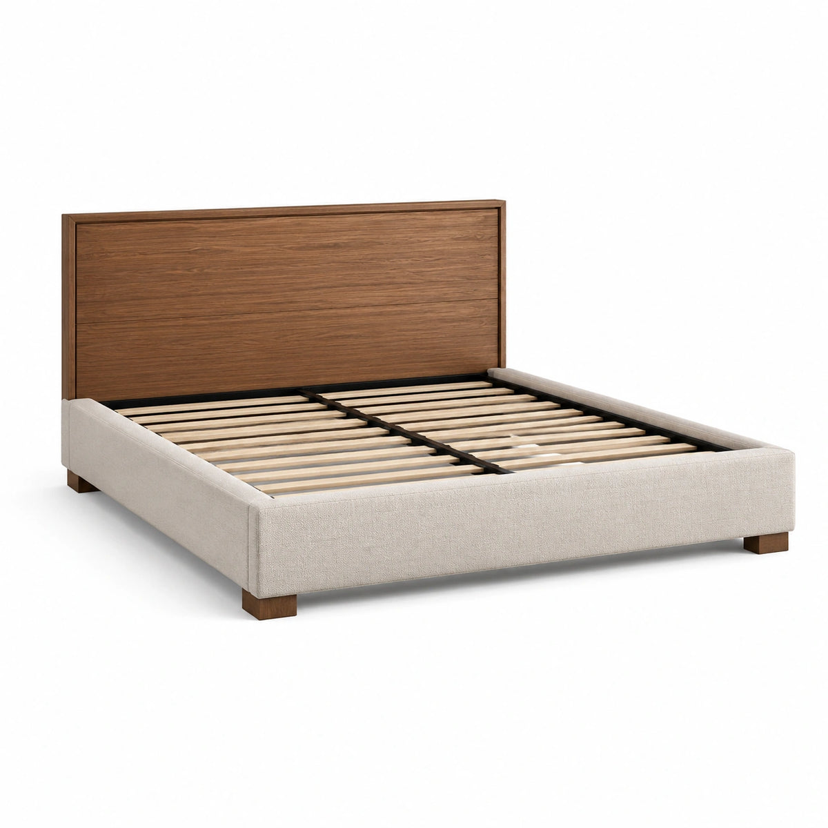 Letto matrimoniale moderno 160 × 200 cm, dimensioni 215 × 170 × 110 cm, con testiera effetto legno, rivestimento beige e rete a doghe