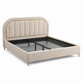 Letto matrimoniale imbottito 160 × 200 cm in bouclé beige con testiera arrotondata, dettagli neri e oro e rete a doghe metalliche
