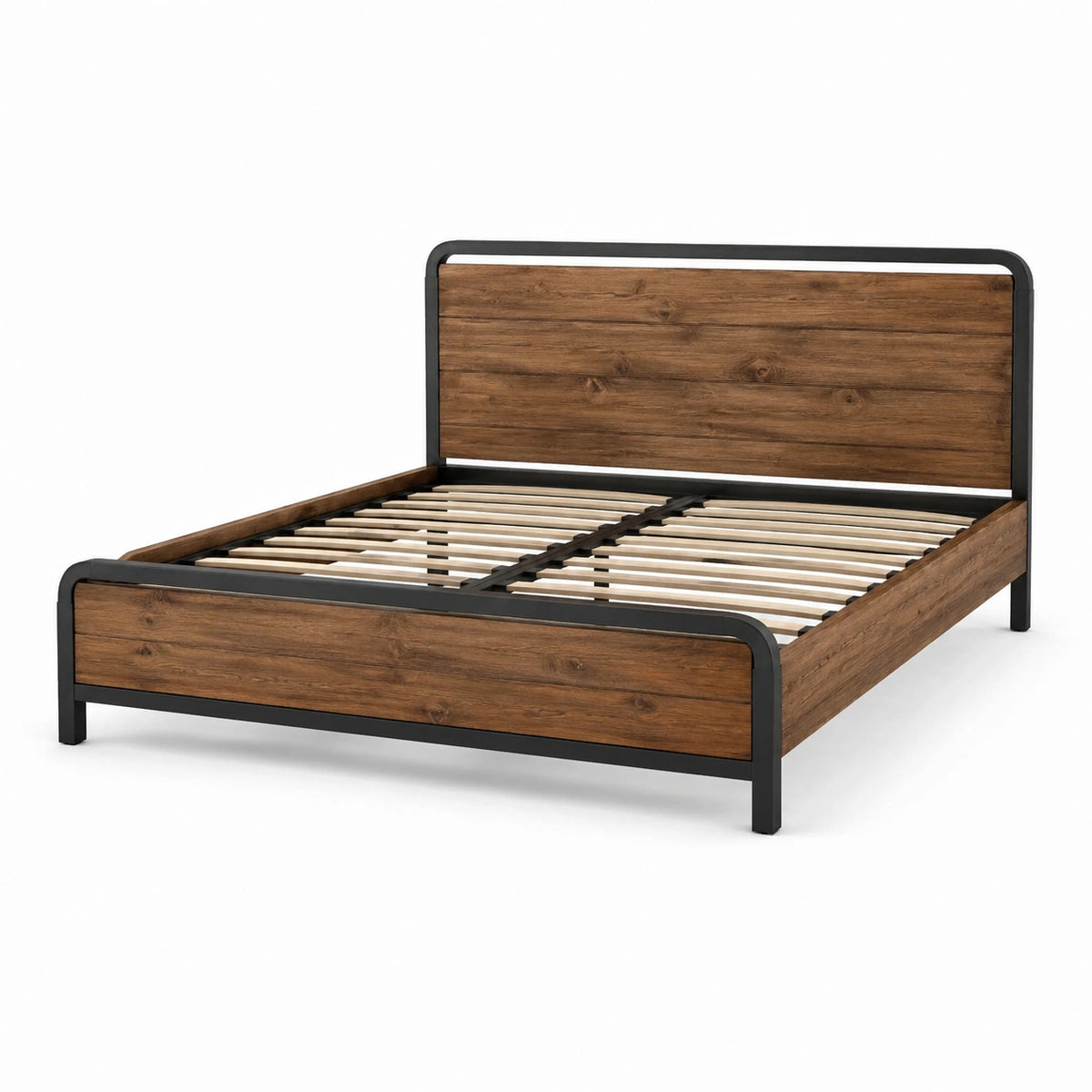 Letto matrimoniale 160 × 200 cm con rete a doghe, struttura nera e pannelli marroni effetto legno