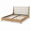 Letto matrimoniale in legno naturale con testiera imbottita beige e rete a doghe, per materasso 160 × 200 cm, dimensioni 172 × 215 × 115 cm