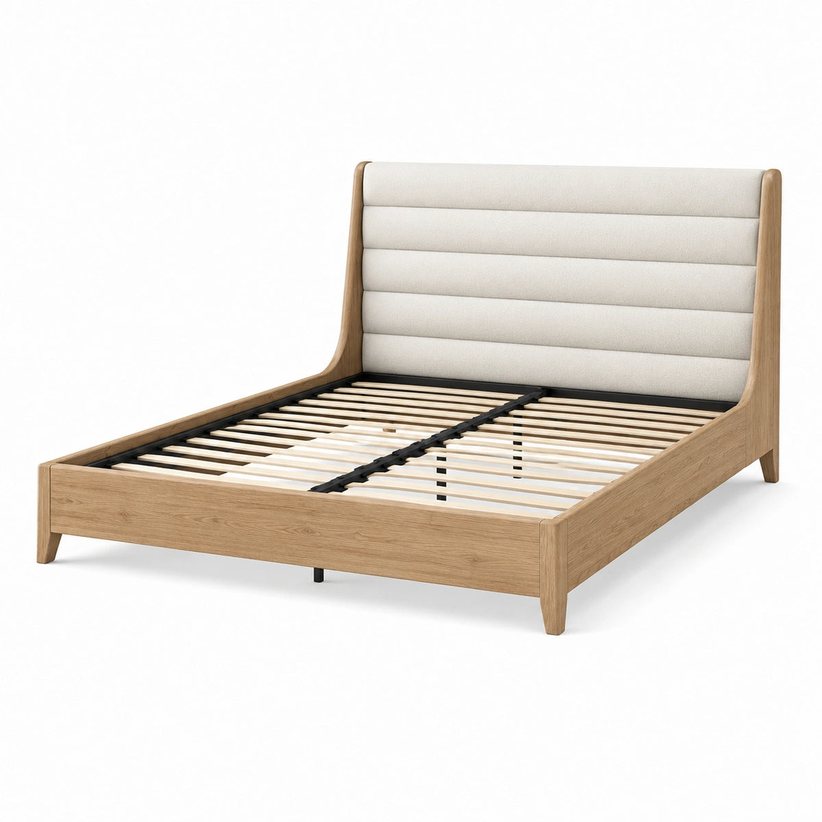 Letto matrimoniale in legno naturale con testiera imbottita beige e rete a doghe, per materasso 160 × 200 cm, dimensioni 172 × 215 × 115 cm