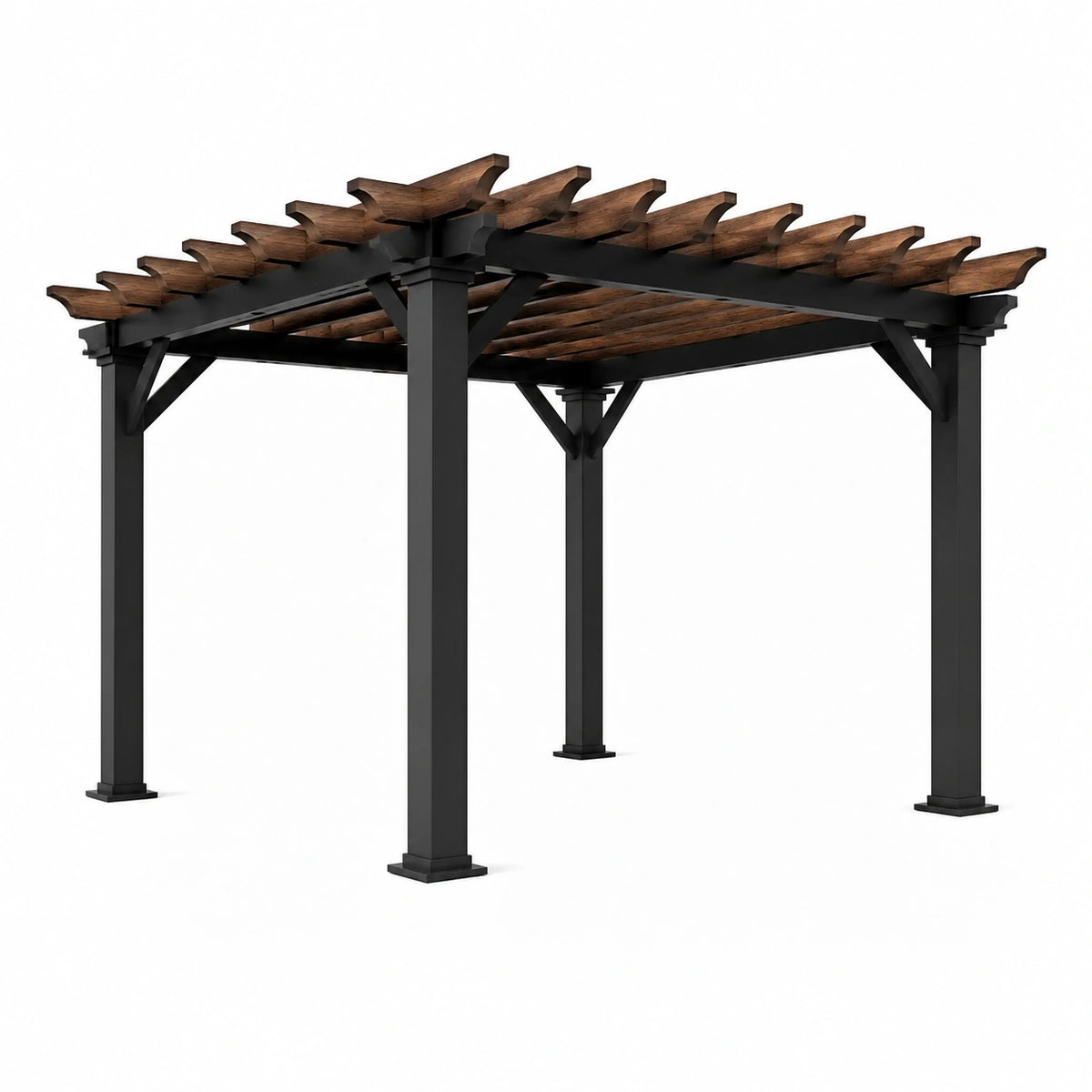 Pergola quadrata nera e marrone con copertura aperta, 305 × 305 × 244 cm