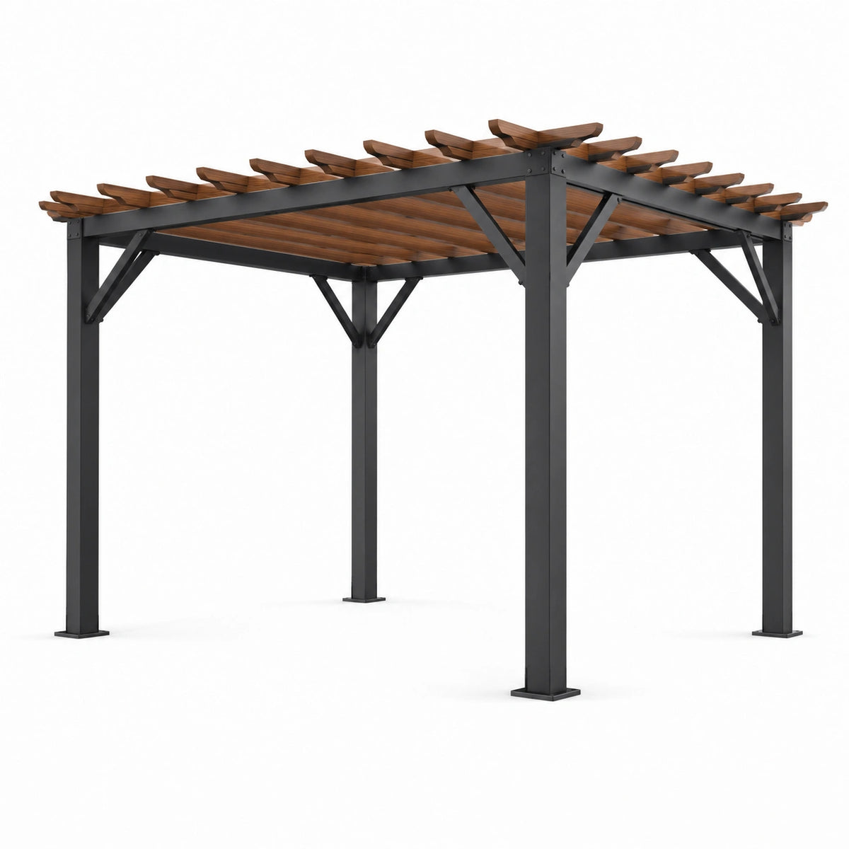 Pergola da giardino 300 × 300 × 250 cm in metallo nero e legno marrone con copertura a listelli