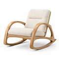 Poltrona a dondolo moderna in legno naturale con rivestimento bouclé beige, 72 × 92 × 98 cm