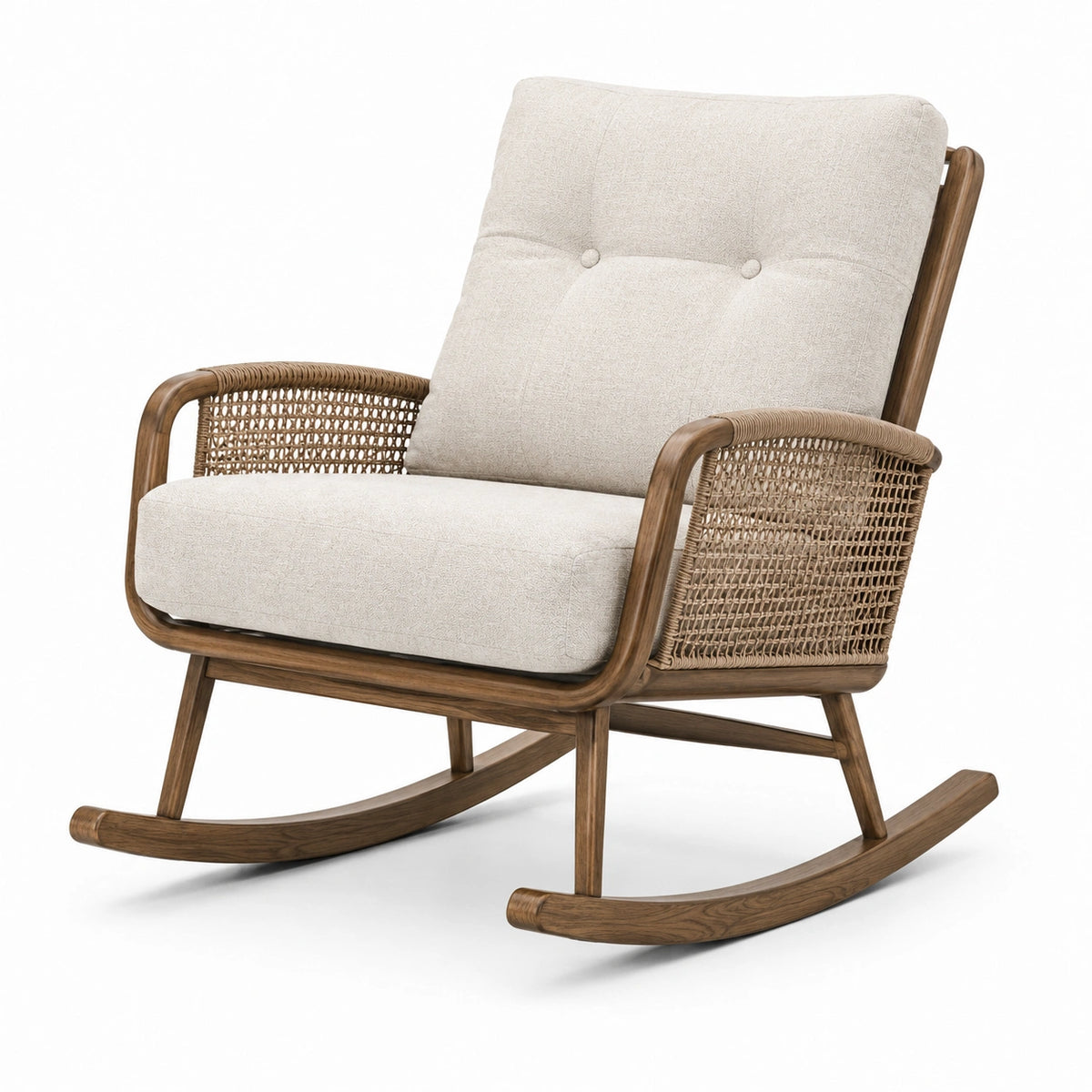 Poltrona a dondolo in legno marrone con rivestimento beige e braccioli intrecciati, 73 × 92 × 95 cm