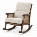 Poltrona a dondolo retrò in legno marrone, tessuto beige e rattan, 72 × 90 × 105 cm