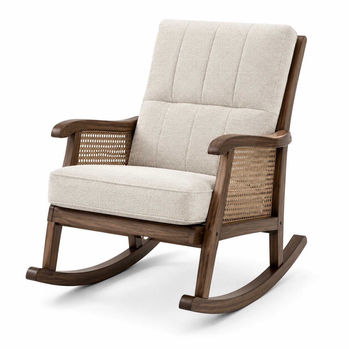 Poltrona a dondolo retrò in legno marrone, tessuto beige e rattan, 72 × 90 × 105 cm
