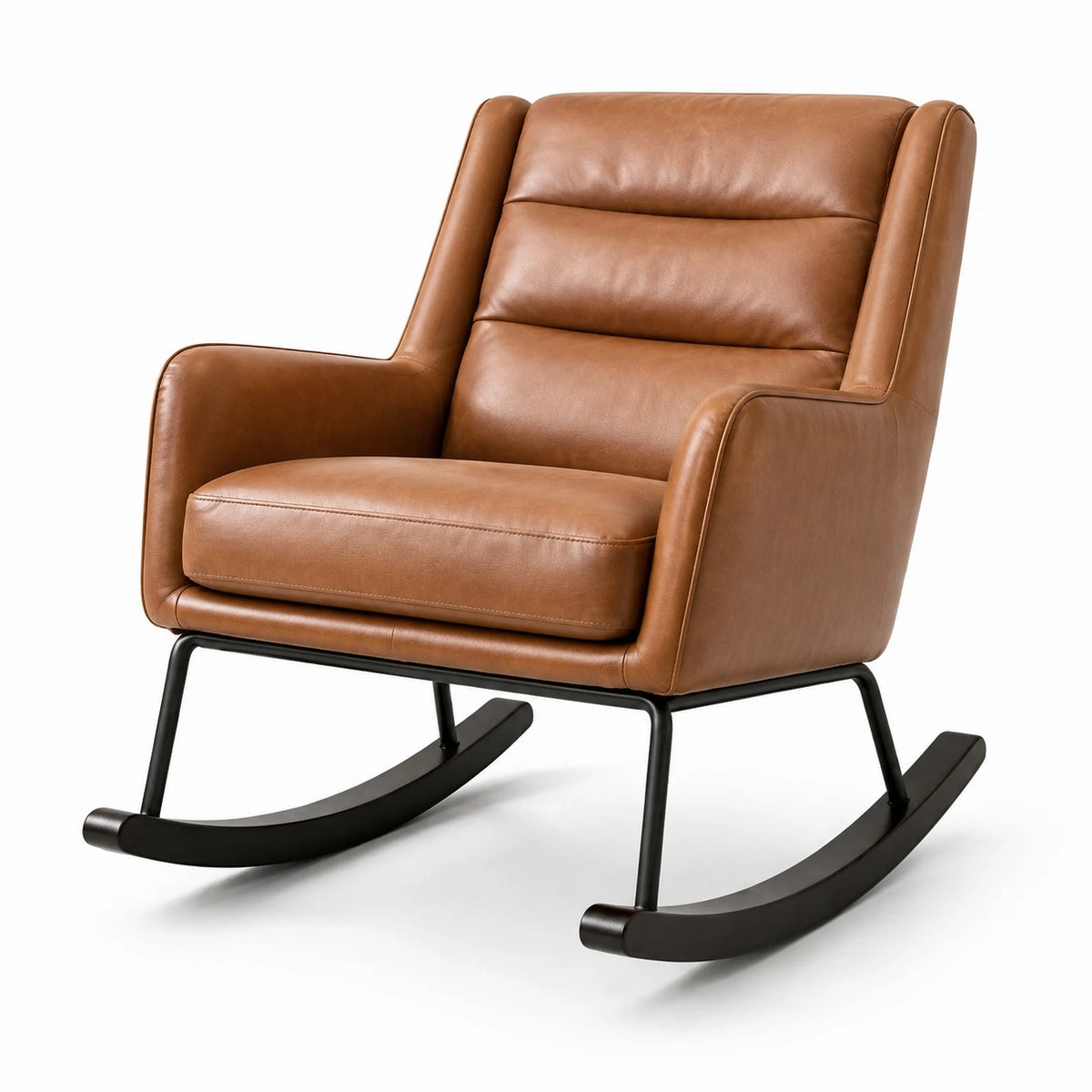Poltrona a dondolo moderna imbottita in similpelle cognac con struttura in metallo nero, 75 × 93 × 98 cm