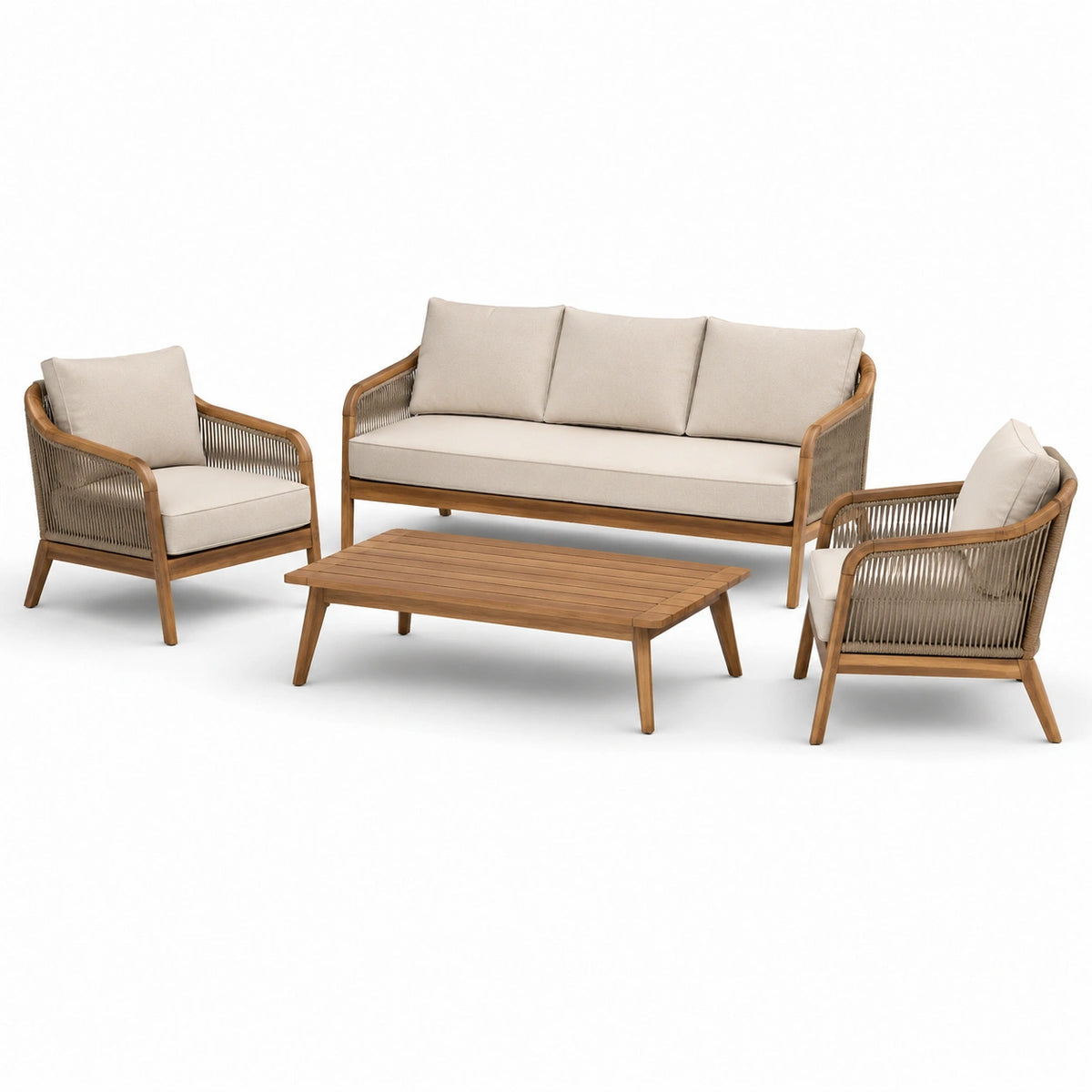Set da esterno 4 pezzi con divano 190×80×78 cm, 2 poltrone 78×80×78 cm e tavolino 120×65×38 cm, marrone, beige e tortora