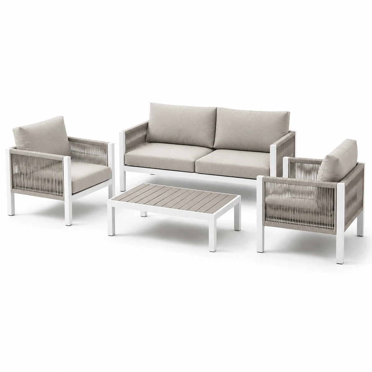 Set da giardino 4 pezzi bianco e grigio con divano 132x72x76 cm, 2 poltrone 68x72x76 cm e tavolino 90x50x40 cm