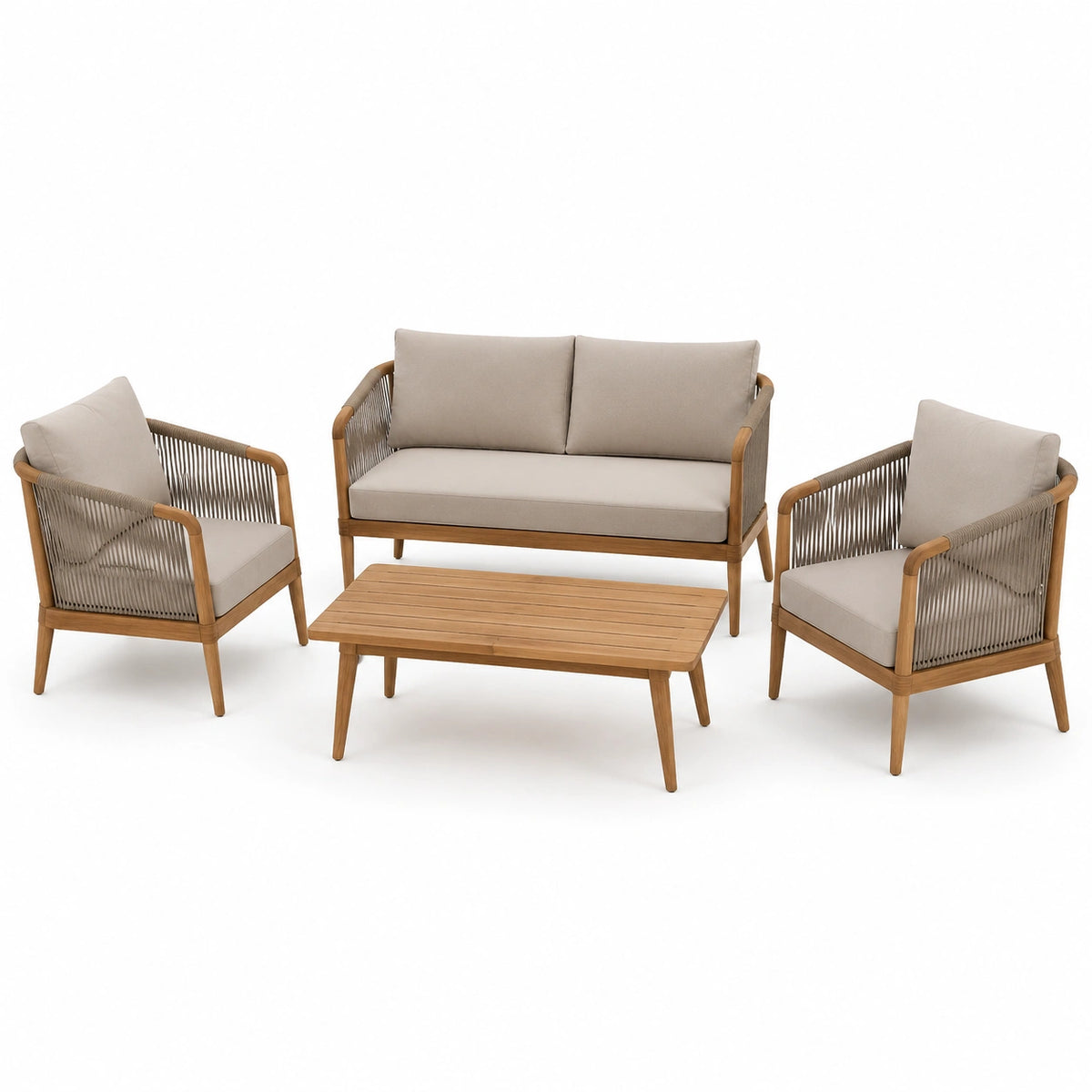 Set da giardino 4 pezzi in legno e corda intrecciata marrone, beige e tortora, divano 132 × 75 × 78 cm, poltrone 72 × 75 × 78 cm e tavolino 100 × 55 × 38 cm