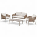 Salotto da giardino 4 pezzi in metallo e corda intrecciata, divano 135 × 75 × 78 cm, poltrone 72 × 75 × 78 cm, tavolino 100 × 55 × 38 cm, tortora e bianco crema