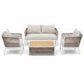 Set da giardino moderno 4 pezzi con divano 135 × 75 × 80 cm, 2 poltrone e tavolino, bianco, beige e legno naturale