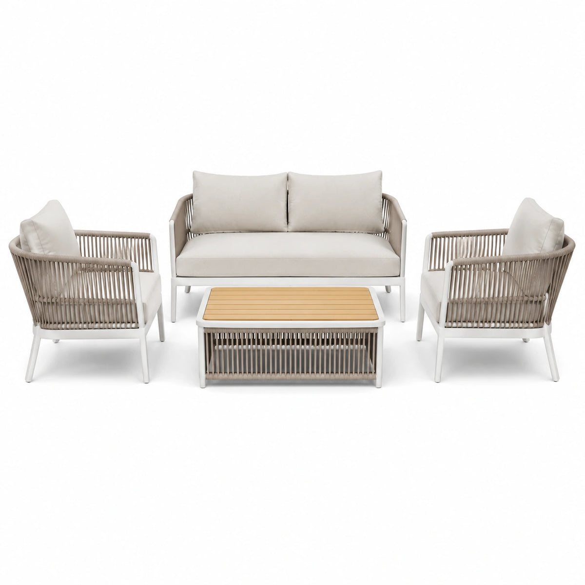 Set da giardino moderno 4 pezzi con divano 135 × 75 × 80 cm, 2 poltrone e tavolino, bianco, beige e legno naturale