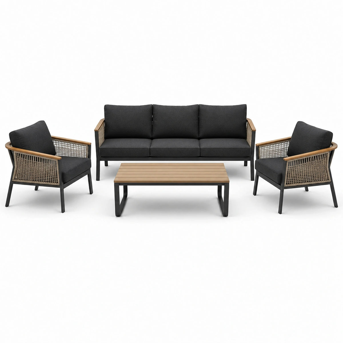 Set da giardino 4 pezzi antracite, nero e marrone con divano 180 × 75 × 78 cm, 2 poltrone 72 × 75 × 78 cm e tavolino 105 × 55 × 40 cm
