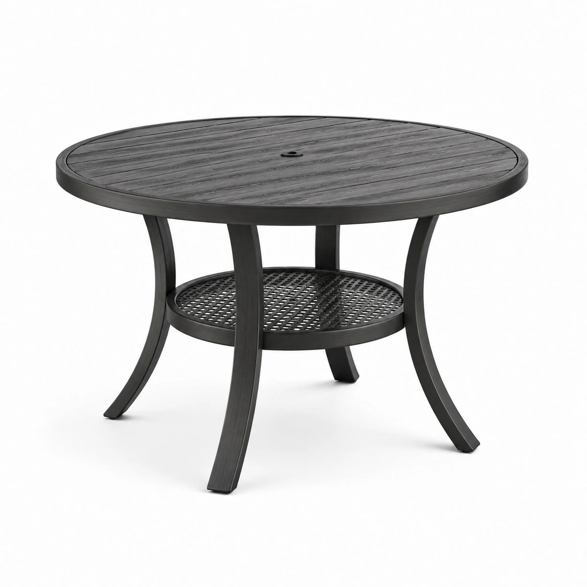 Tavolo rotondo in metallo nero con ripiano e foro per ombrellone, Ø 107 × 72 cm