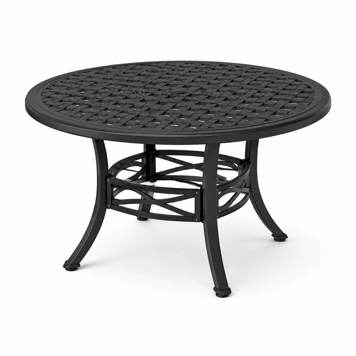 Tavolo rotondo da giardino nero Ø 120 × H 74 cm con piano traforato e foro per ombrellone